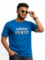 Close up of man wearing an Adidas men's black mesh t-shirt with a raised 3D pumped print logo