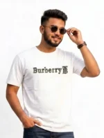 Man wearing a Burberry inspired men's mesh t-shirt with a raised 3D pumped check monogram logo