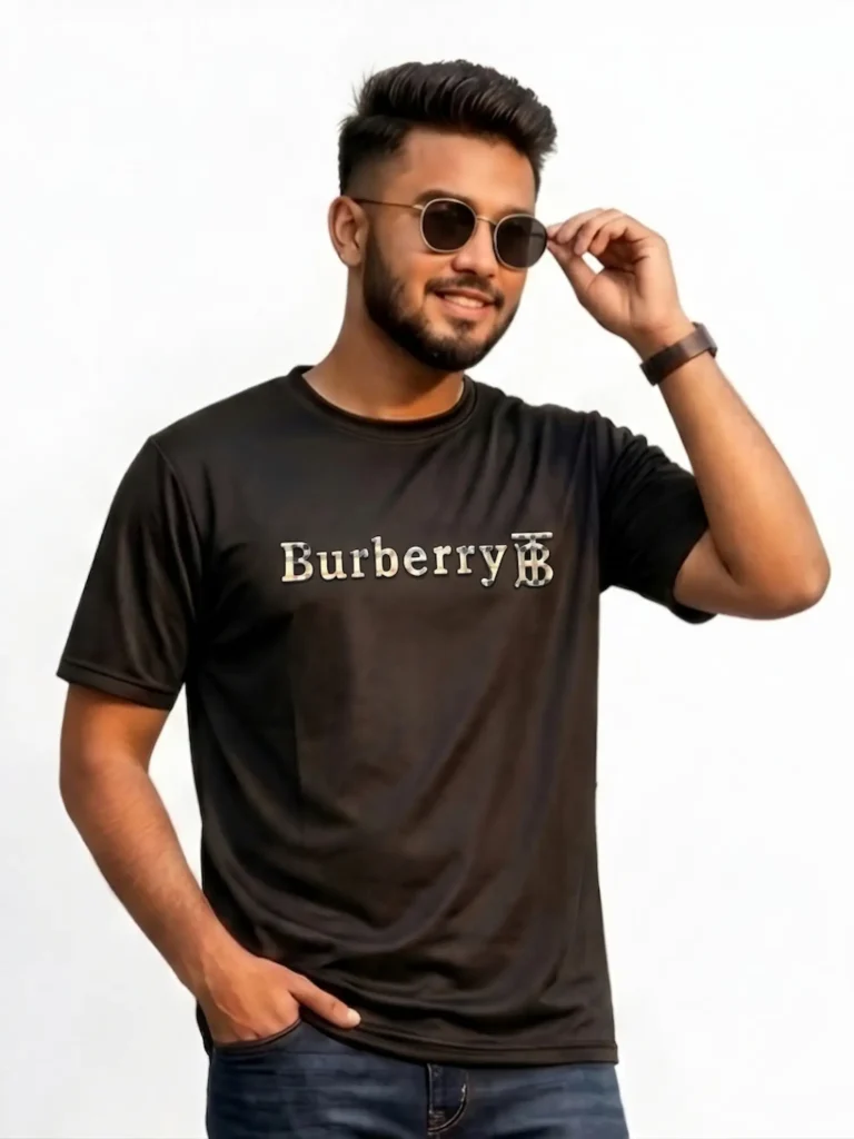 Man wearing a Burberry inspired men's mesh t-shirt with a raised 3D pumped check monogram logo