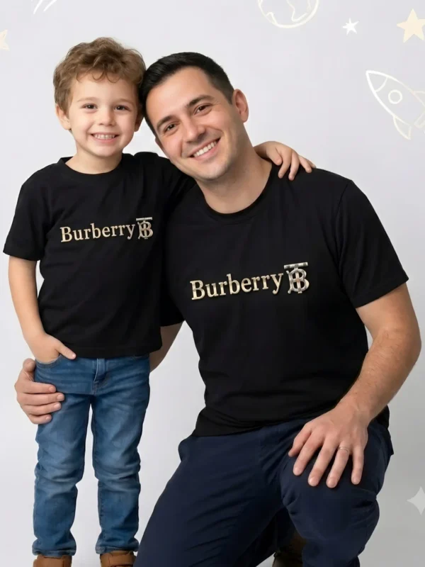 Burberry father and son matching shirts in jet black mesh fabric