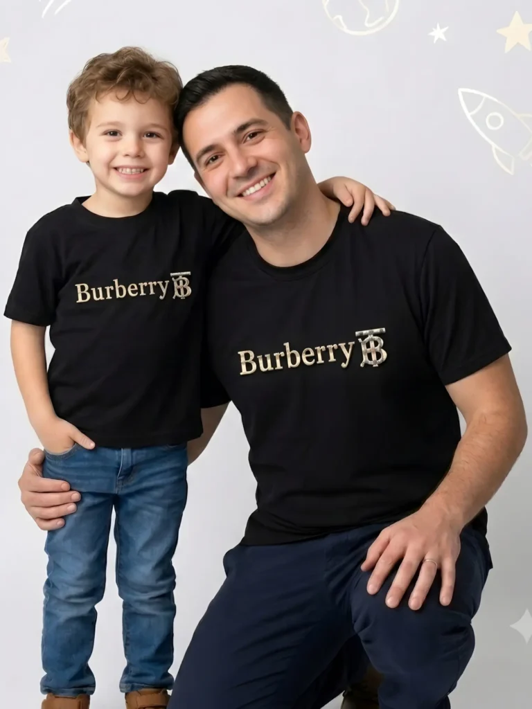Burberry father and son matching shirts in jet black mesh fabric
