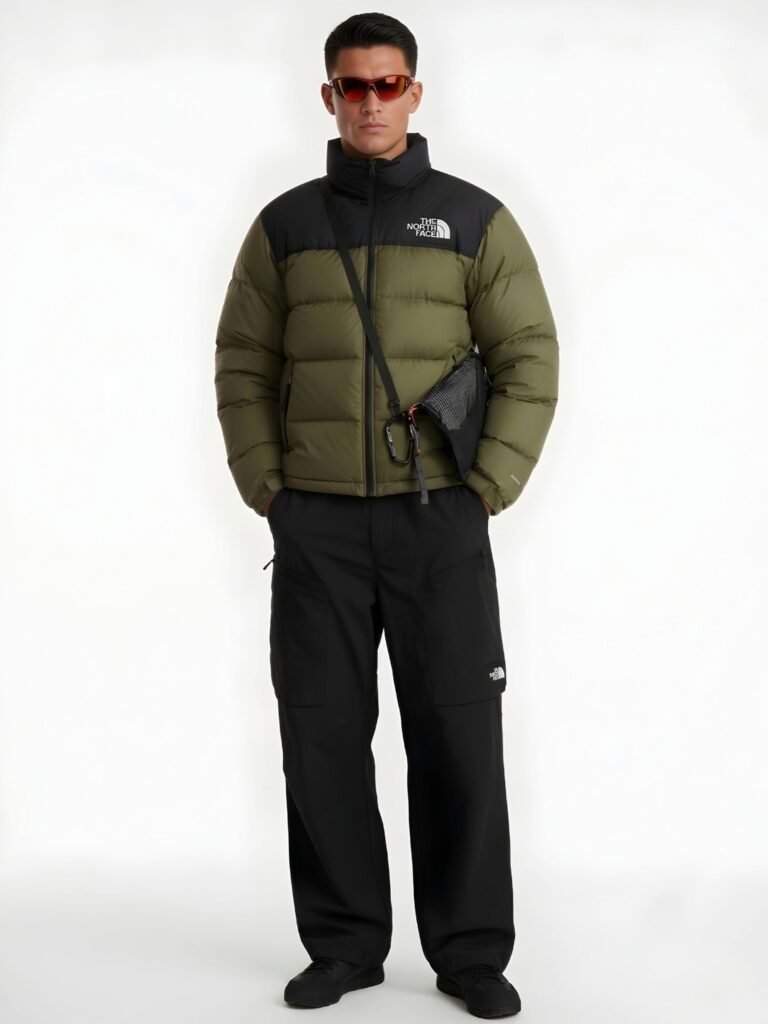Full-body studio shot of a model wearing an olive green puffer jacket with black cargo pants.