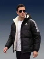 Black Sherpa Puffer Jacket inspired by Adidas worn by a man walking.