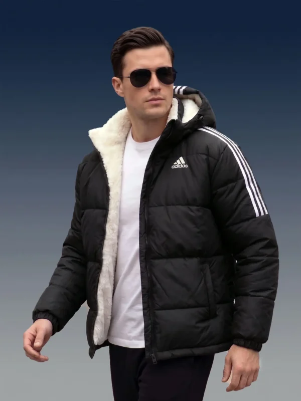 Black Sherpa Puffer Jacket inspired by Adidas worn by a man walking.