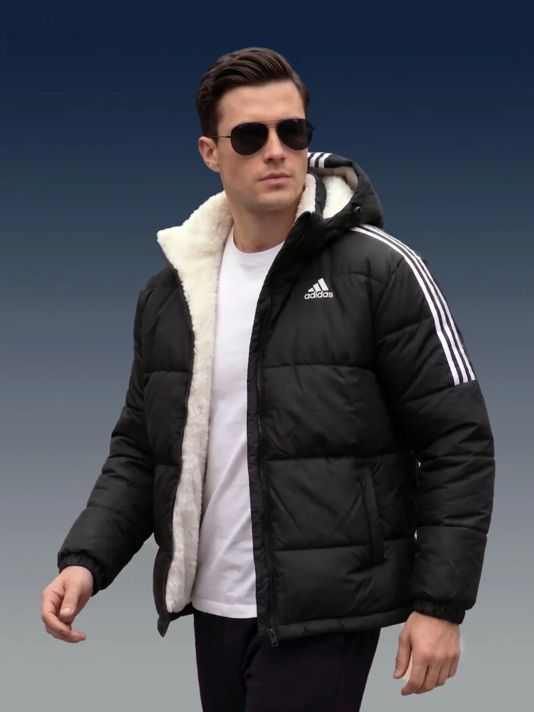 Black Sherpa Puffer Jacket inspired by Adidas worn by a man walking.