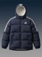 Front view of a zipped navy blue Adidas inspired winter puffer jacket.