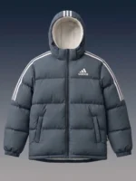 Front product view of a fully zipped slate blue puffer jacket with plush white sherpa lining.