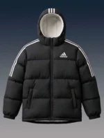 Front view of a fully zipped black puffer jacket with a hood.