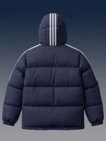 Back view of navy blue sherpa jacket showing three white stripes on the hood.