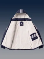 Open winter jacket displaying full white plush sherpa fleece interior lining.