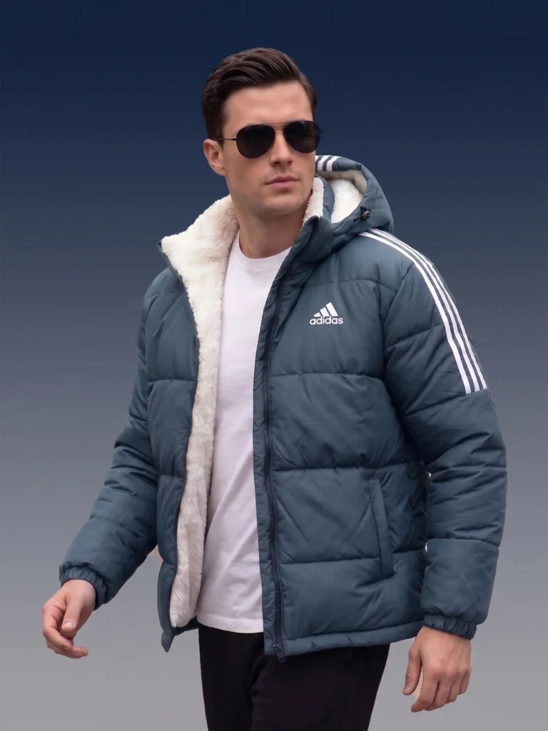 Slate Blue Sherpa-Lined Puffer Jacket inspired by Adidas