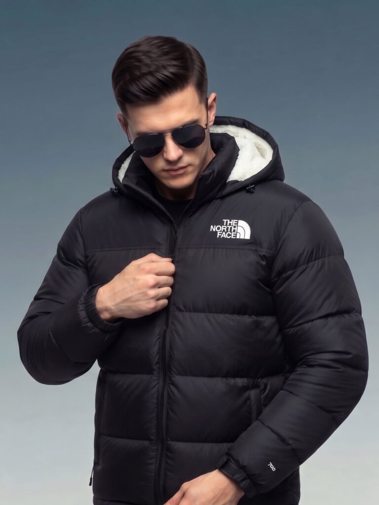 Black Sherpa Puffer Jacket Male model adjusting the collar of the fully zipped black puffer jacket 700, demonstrating its protective fit against harsh winter weather.