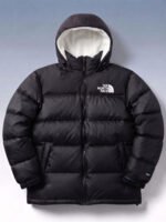 Front view of the TNF-inspired Black Sherpa Puffer Jacket 700 fully zipped, showcasing the thick horizontal baffling and white hood lining.