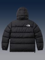 Back view of the sleek black winter puffer jacket highlighting the classic 700-series insulated chambers and adjustable hem.