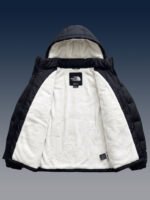 Open Black Sherpa Puffer Jacket 700 displaying the striking contrast of the ultra-soft, thick white sherpa fleece interior lining.