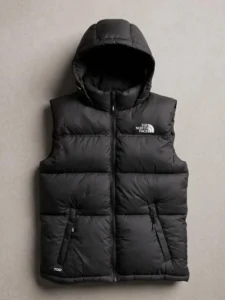 Front view of a sleek black The North Face inspired sleeveless puffer vest with an attached hood and 700 logo.