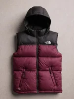 Rich maroon and black two-tone The North Face inspired sleeveless puffer vest for winter outerwear.