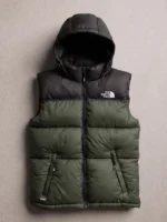Rugged olive green and black The North Face inspired sleeveless puffer vest showing front zipper and side pockets.
