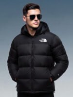 Model wearing black puffer jacket, front view looking at camera