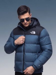 The North Face Inspired Blue Puffer Jacket design, front view