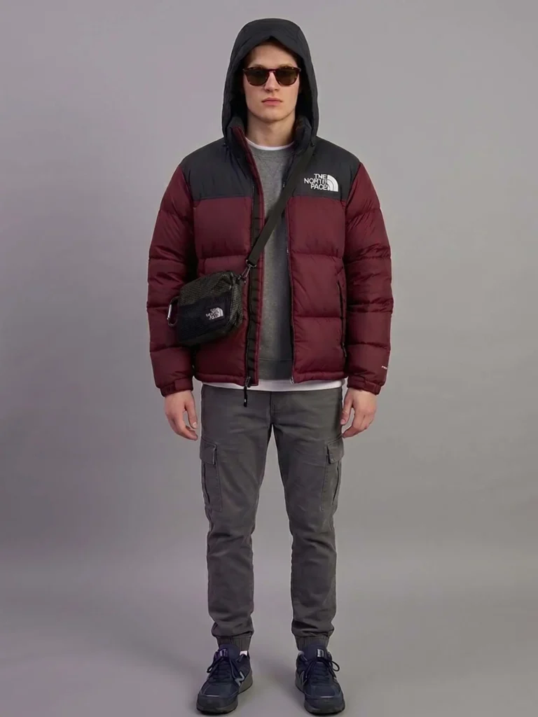 Front view of a model wearing a North Face inspired premium maroon puffer jacket with a black crossbody bag.
