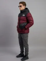 Side profile of the North Face inspired premium maroon puffer jacket featuring 700-down insulation.