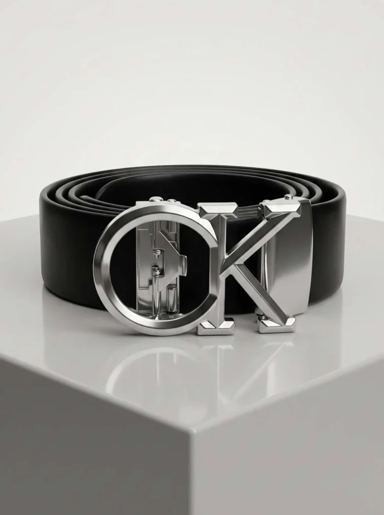 Classic black CK inspired belt crafted from smooth artificial leather featuring a prominent, polished silver-tone logo buckle with a micro-adjustable track mechanism.