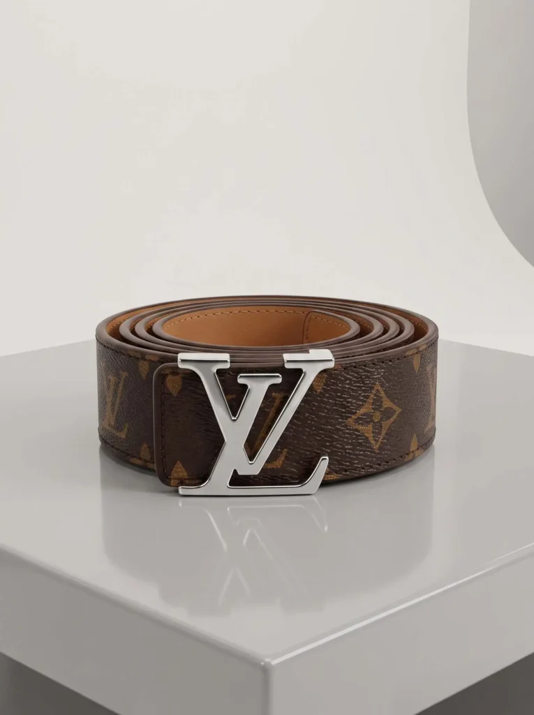 Classic brown LV inspired monogram belt crafted from textured artificial leather featuring a prominent, polished silver-tone logo buckle.
