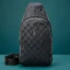 Front view of the LV inspired checkered sling bag featuring a classic checkered pattern, a silver logo, and a convenient built-in headphone port.